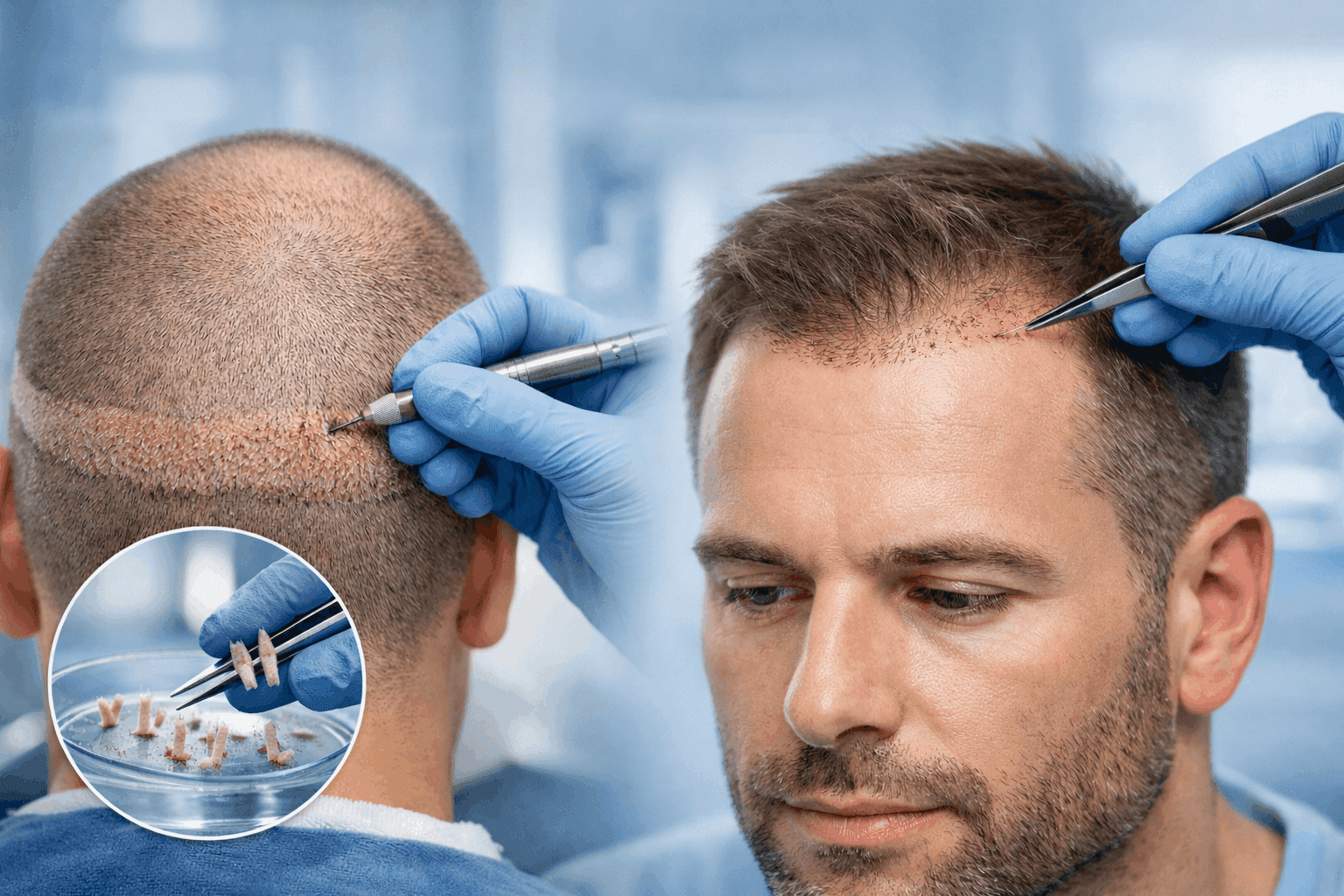 FUE hair transplant: extraction, graft preparation, and implantation in a clinical setting