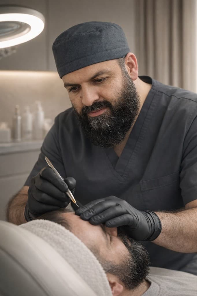 Dr. Ashfaq Ur Rahman performing a precise hairline procedure with clinical lighting